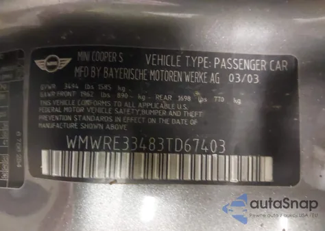 2003 Mini Cooper S z USA, uszkodzony, nr VIN WMWRE33483TD67403